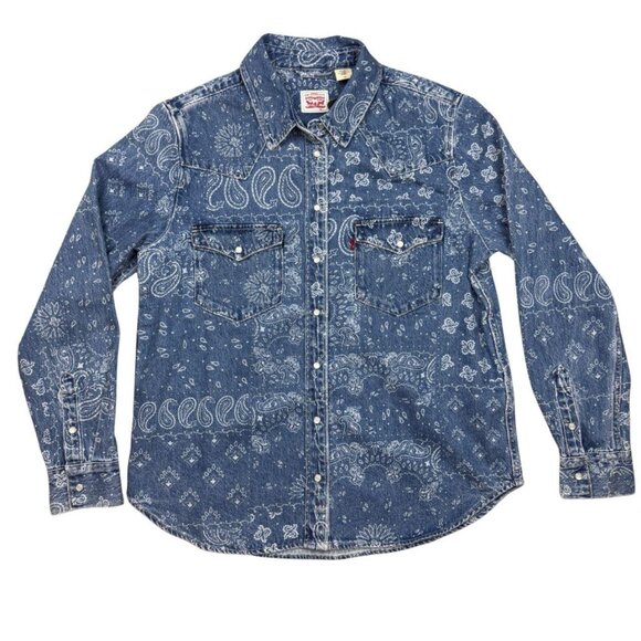 Levi’s Bandana Paisley Print Denim Western Pearl Snap Shirt Men’s Large NWT - Picture 1 of 7